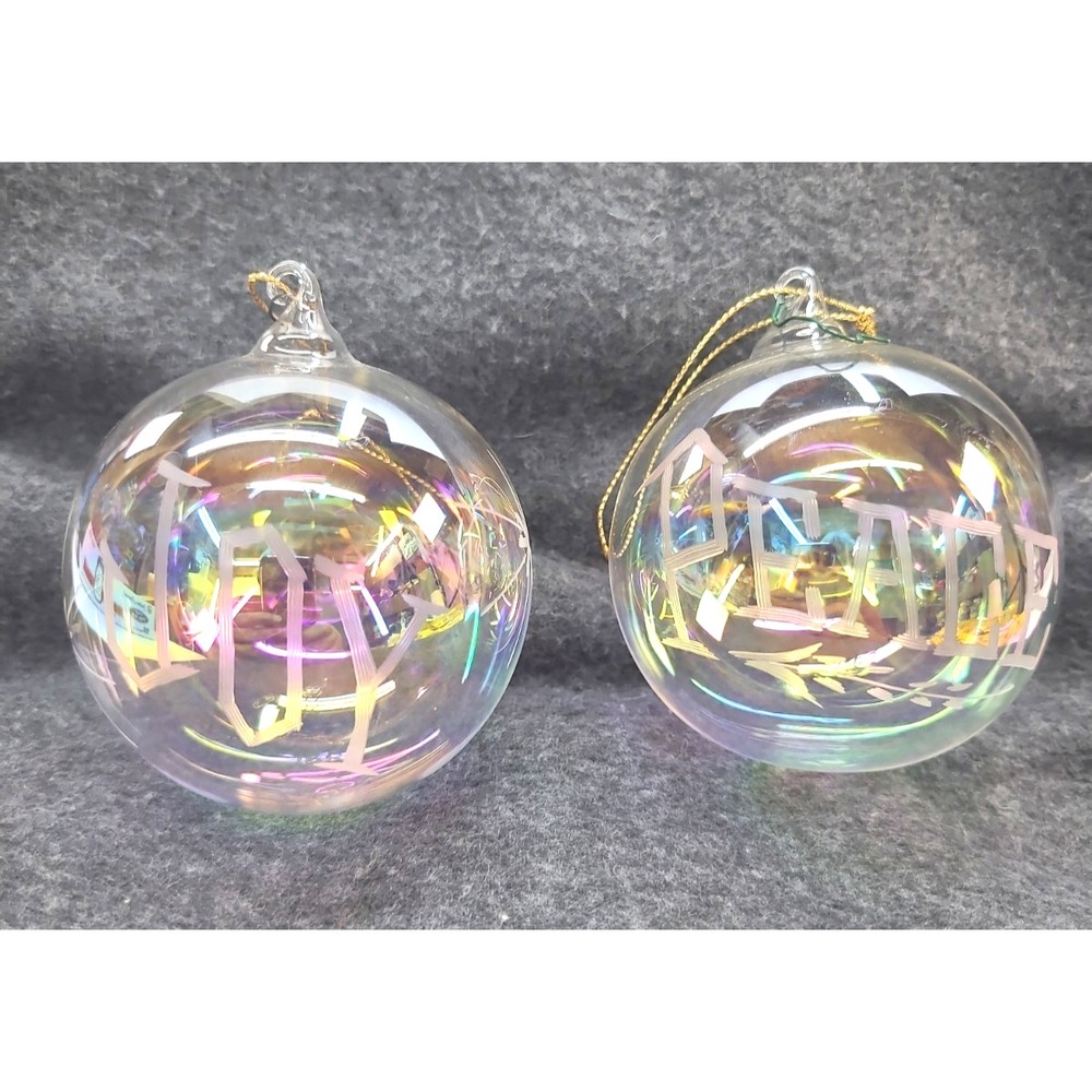2 Clear Hand Blown Glass Christmas Ornaments Iridescent Etched Joy Peace